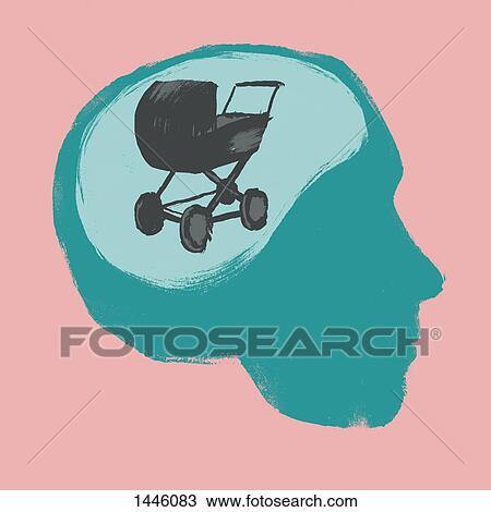 Drawing - Illustration of baby carriage in human brain against pink background. Fotosearch