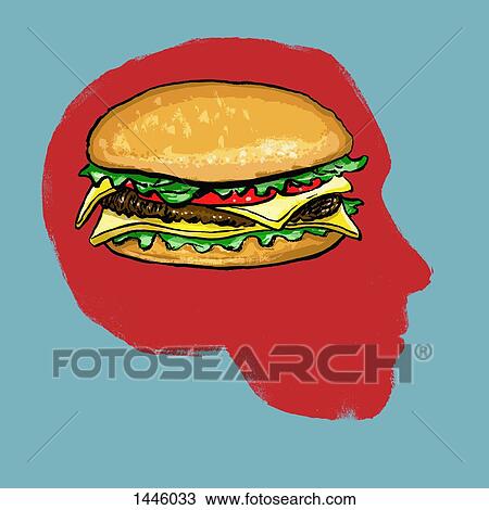 Drawing - Illustration of burger in human head against blue background. Fotosearch