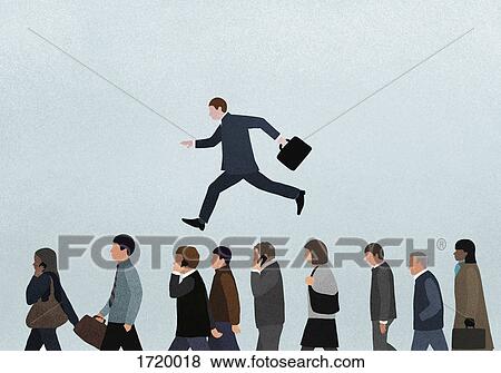 Illustration of businessman jumping over people against blue background View Large Photo Image Stock Photo - Illustration of businessman jumping over people against blue background. Fotosearch
