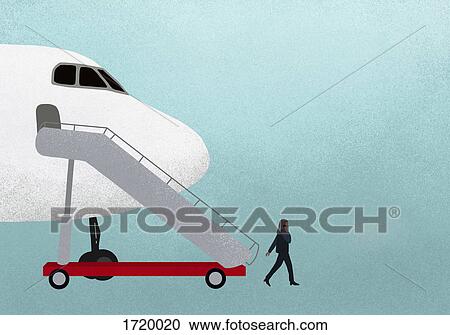 Illustration of businesswoman walking mobile phone walking by airplane against blue background View Large Photo Image Stock Image - Illustration of businesswoman walking mobile phone walking by airplane against blue background. Fotosearch