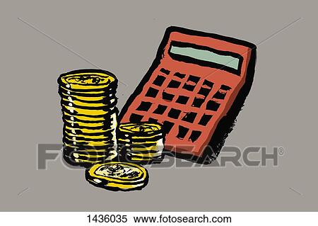 Stock Illustration - Illustration of calculator and coins against gray background. Fotosearch