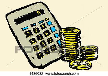 Drawing - Illustration of calculator and stacked coins against white background. Fotosearch
