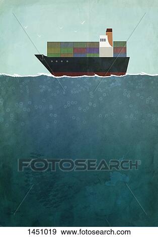 Stock Illustration - Illustration of cargo ship sailing on sea. Fotosearch