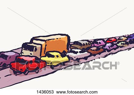 Drawing - Illustration of cars in traffic jam against white background. Fotosearch