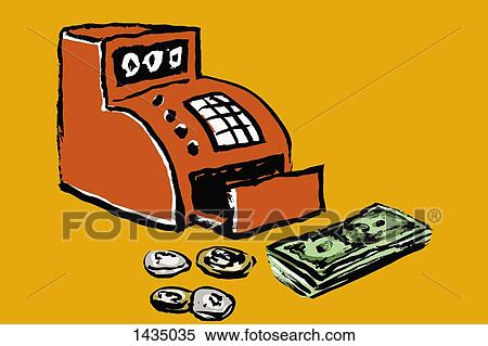 Stock Illustration - Illustration of cash register and money against yellow background. Fotosearch