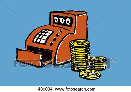 Illustration of cash register and stacked coins against blue background View Large Illustration Stock Illustration - Illustration of cash register and stacked coins against blue background. Fotosearch