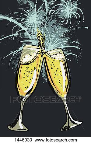 Illustration of champagne flutes toasting against fireworks View Large Illustration Clipart - Illustration of champagne flutes toasting against fireworks. Fotosearch