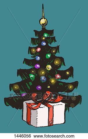 Stock Illustration - Illustration of Christmas tree and present against blue background. Fotosearch