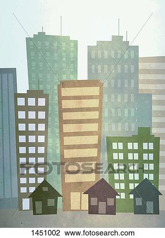 Drawing - Illustration of city buildings. Fotosearch