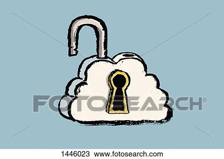 Drawing - Illustration of cloud in open padlock shape against blue background. Fotosearch