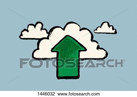 Drawing - Illustration of clouds and green arrow symbol against blue background. Fotosearch