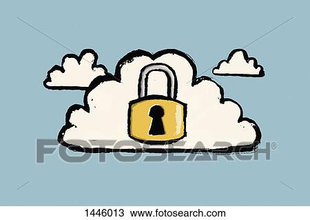 Drawing - Illustration of clouds and padlock against blue background. Fotosearch