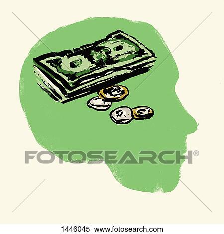 Illustration of coins and paper notes in human head against black background View Large Illustration Stock Illustration - Illustration of coins and paper notes in human head against black background. Fotosearch