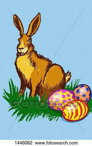 Drawing - Illustration of Easter bunny and eggs against blue background. Fotosearch