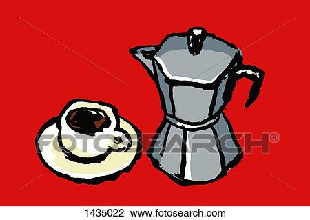 Drawing - Illustration of espresso maker and cup against red background. Fotosearch