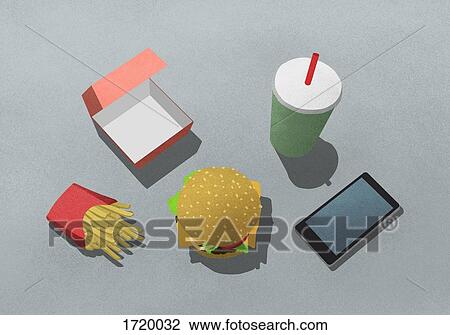 Illustration of fast food with drink and mobile phone against gray background View Large Photo Image Stock Image - Illustration of fast food with drink and mobile phone against gray background. Fotosearch