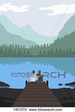 Stock Illustration - Illustration of friends sitting on pier by lake against mountains. Fotosearch