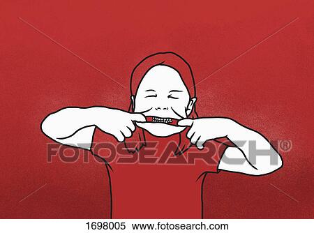 Illustration of girl pulling mouth with fingers against red background View Large Photo Image Stock Photography - Illustration of girl pulling mouth with fingers against red background. Fotosearch