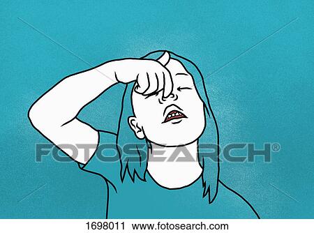 Illustration of girl pulling nose against blue background View Large Photo Image Stock Image - Illustration of girl pulling nose against blue background. Fotosearch