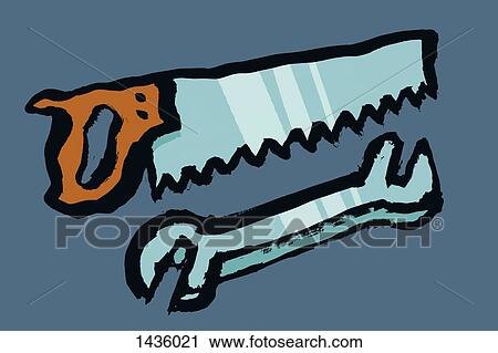 Clip Art - Illustration of hand saw and spanner against blue background. Fotosearch