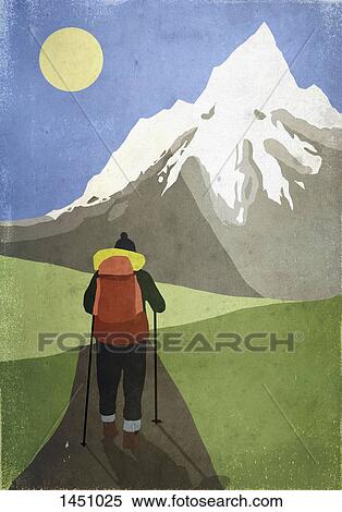 Stock Illustration - Illustration of hiker standing in front of snowcapped mountain. Fotosearch