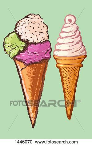 Clipart - Illustration of ice cream cones against green background. Fotosearch