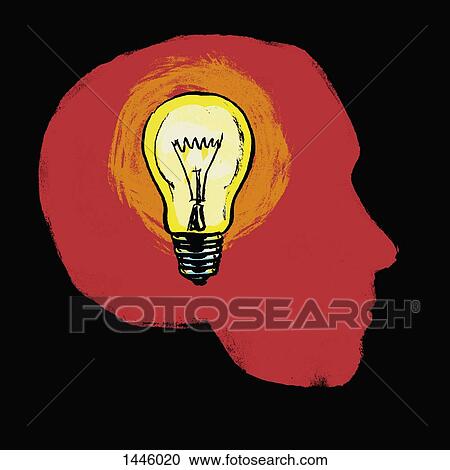 Clipart - Illustration of illuminated light bulb in human head against black background. Fotosearch