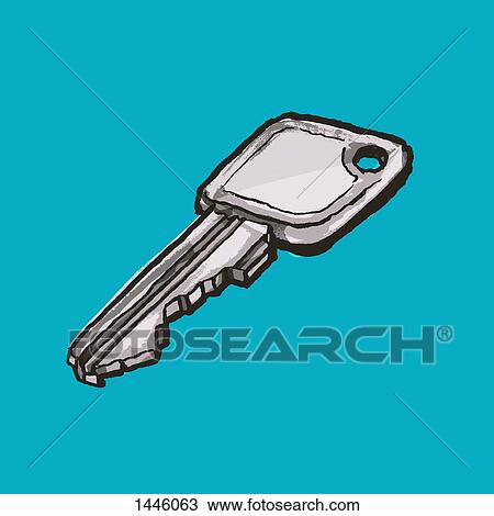 Drawing - Illustration of key against blue background. Fotosearch