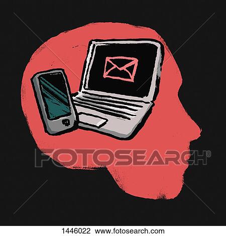 Drawing - Illustration of laptop and smart phone in human head against black background. Fotosearch