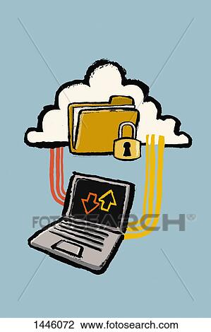 Drawing - Illustration of laptop connected to cloud with protected folder against blue background. Fotosearch