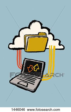 Stock Illustration - Illustration of laptop connected to cloud with folder against blue background. Fotosearch