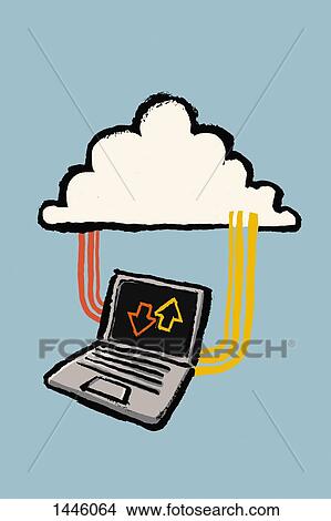 Stock Illustration - Illustration of laptop connected to cloud against blue background. Fotosearch