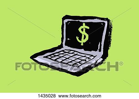 Stock Illustration - Illustration of laptop with dollar sign against green background. Fotosearch