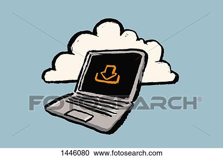 Clipart - Illustration of laptop with downloading sign and cloud against blue background. Fotosearch
