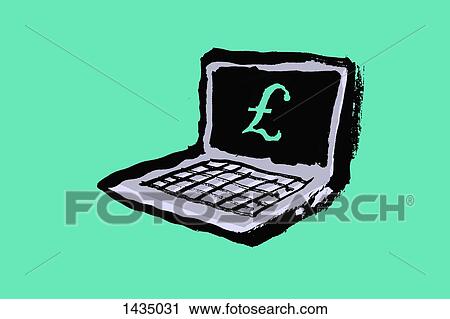 Clip Art - Illustration of laptop with euro sign against green background. Fotosearch