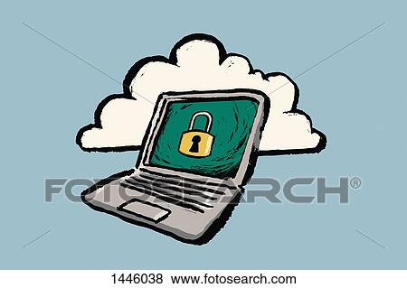 Stock Illustration - Illustration of laptop with padlock sign and cloud against blue background. Fotosearch
