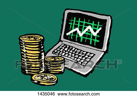 Stock Illustration - Illustration of laptop with progress graph and stacked coins against green background. Fotosearch