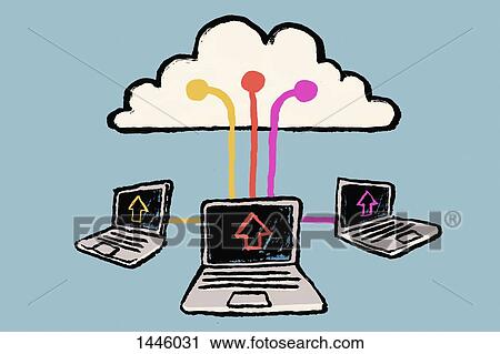 Clip Art - Illustration of laptops connected to cloud against blue background. Fotosearch
