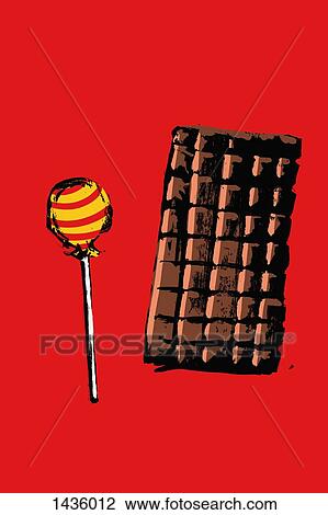 Illustration of lollipop and chocolate bar on red background View Large Illustration Drawing - Illustration of lollipop and chocolate bar on red background. Fotosearch