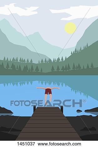 Stock Illustration - Illustration of man diving into lake against mountains. Fotosearch