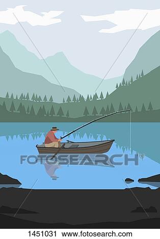 Clip Art - Illustration of man fishing in lake against mountains. Fotosearch