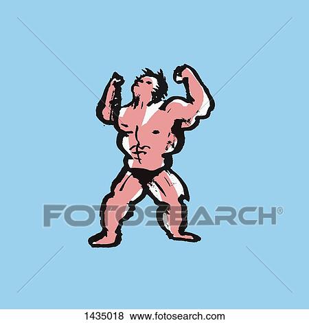 Stock Illustration - Illustration of man flexing his muscles against blue background. Fotosearch