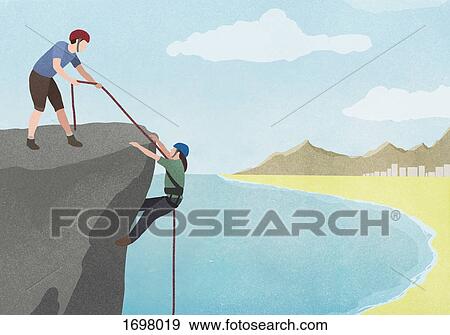 Illustration of man pulling woman with rope on cliff against sky View Large Photo Image Stock Photo - Illustration of man pulling woman with rope on cliff against sky. Fotosearch