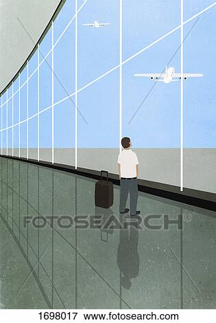 Illustration of man standing by luggage at departure area while looking at airplane flying against s View Large Photo Image Stock Photo - Illustration of man standing by luggage at departure area while looking at airplane flying against s. Fotosearch
