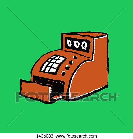 Illustration of orange cash register against green background View Large Illustration Drawing - Illustration of orange cash register against green background. Fotosearch