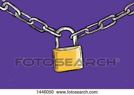 Clipart - Illustration of padlock attached to chains against purple background. Fotosearch