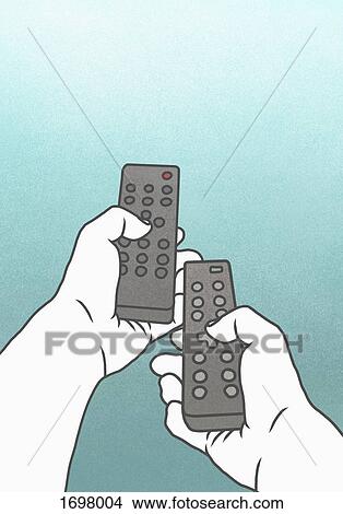 Picture - Illustration of person using remote controls against blue background. Fotosearch