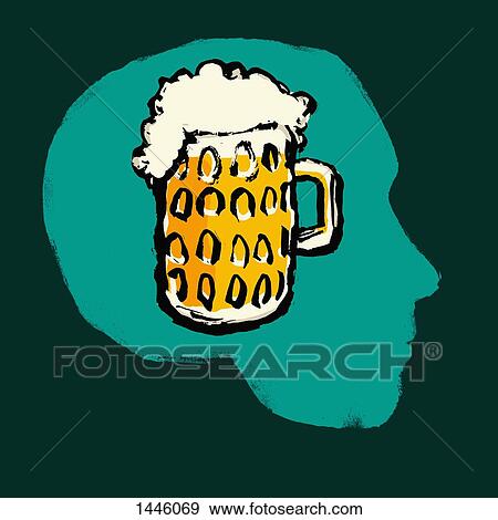 Stock Illustration - Illustration of pint glass of beer in human head against green background. Fotosearch
