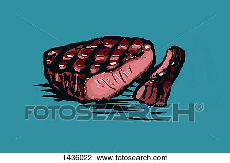 Drawing - Illustration of red meat on blue background. Fotosearch