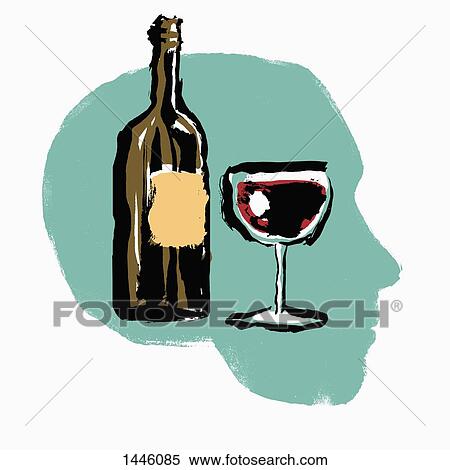 Stock Illustration - Illustration of red wine bottle and glass in human head against white background. Fotosearch